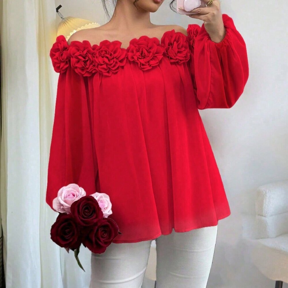 Red Casual Elegant Women's Off-Shoulder Chiffon Blouse